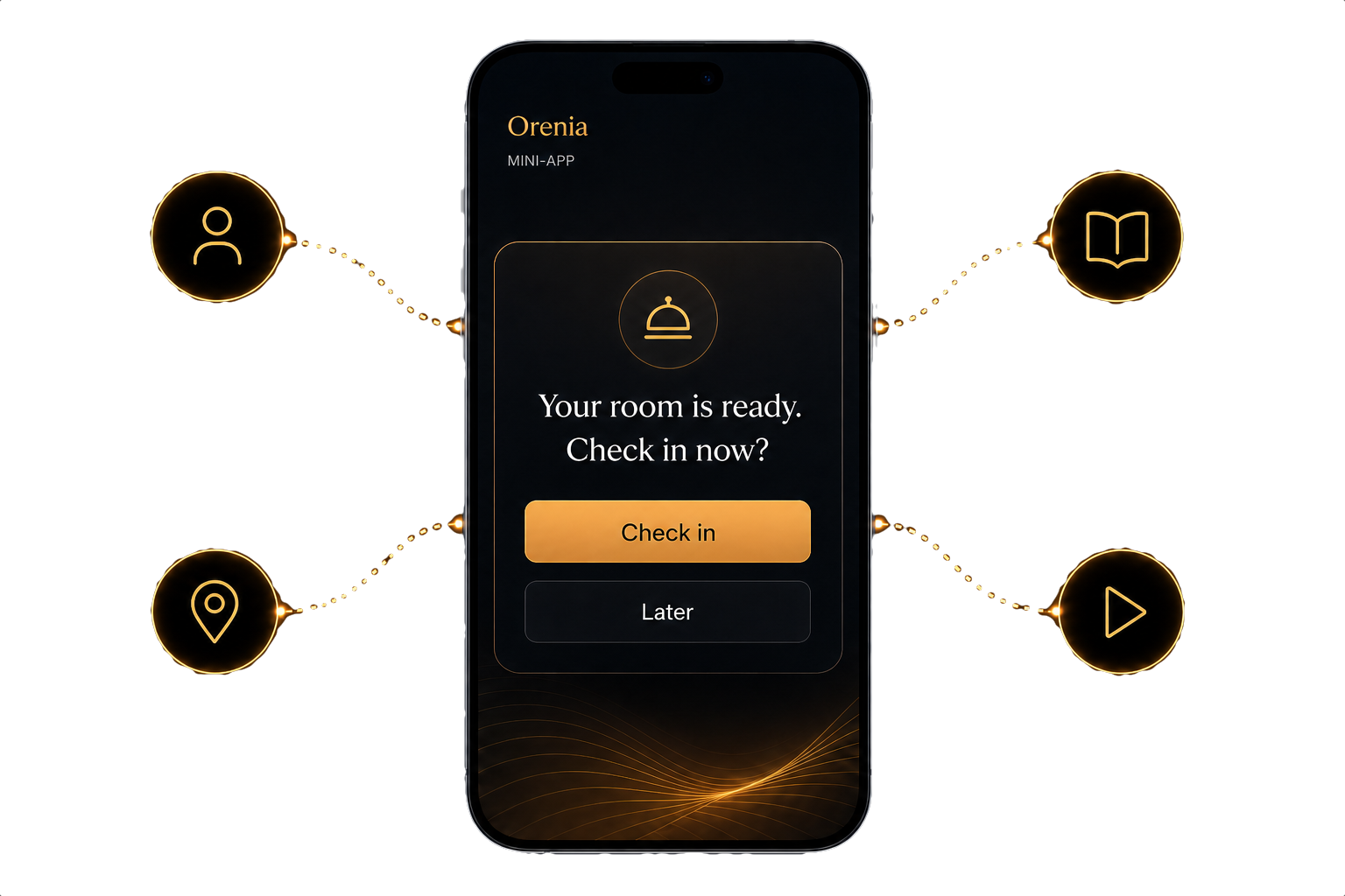 Orenia mini-app on a phone with identity, place, knowledge, and workflow icons connected by glowing lines